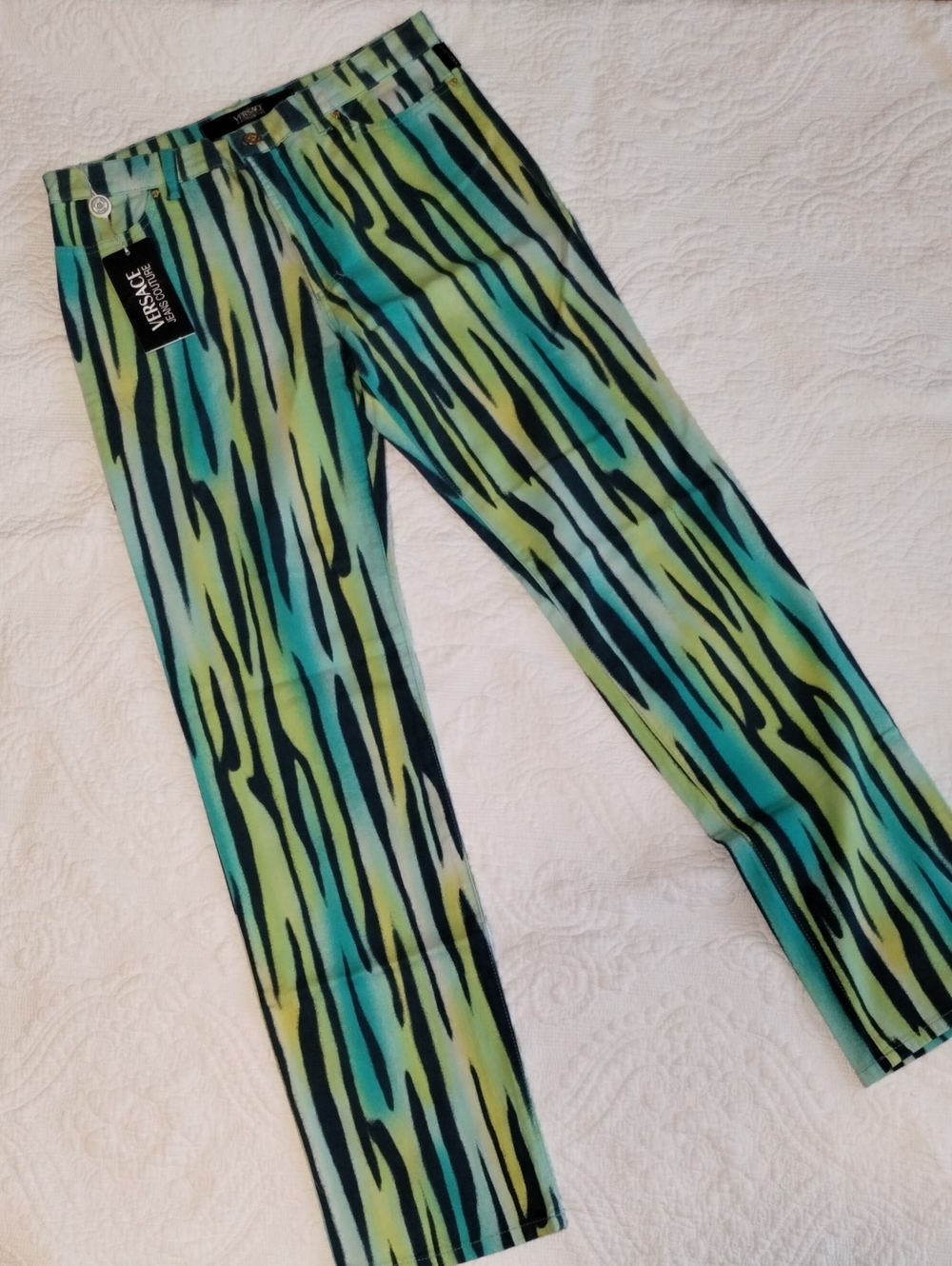 Versace Collection Teal, Green & Black Abstract Stripe Pants